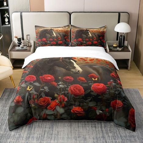 Cheval 100% Coton Sets De Housse De Couette Galop Sauvage Cheval Housse Couette Rose Parure Lit 140X200cm pour Enfants Noir Parure Décoration - 140 x 200 cm + 1 taie d'oreiller 65 x 65 cm (1/5)