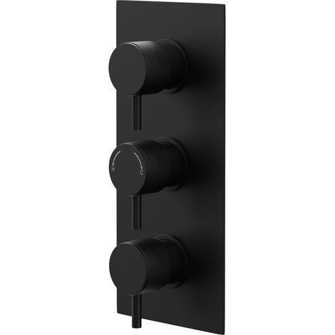 Colore Round Matt Black Concealed Triple Thermostatic Shower Valve with Fully Knurled Control Handles - 2 Outlet (1/5)