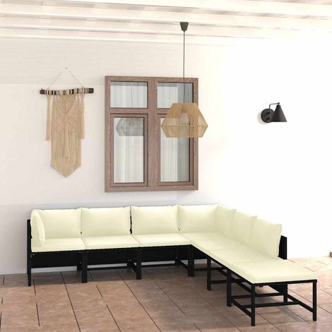 Salon de jardin 7 pcs avec coussins Résine tressée Noir (1/5)
