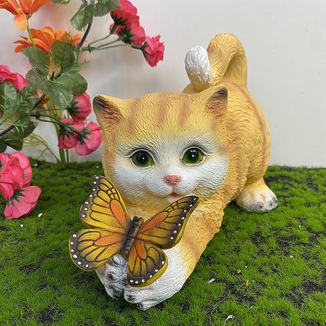 Figura decorativa de gato para jardín, decoración de jardín, mariposas, luces solares para exteriores, decoración de balcón y jardín, diseño de lindo gato, mariposa, adornos de resina, luces solares ( (1/4)