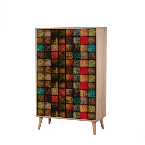 Cotecosy – Buffet haut 2 portes en bois clair damier multicolore – Dimensions L 80 x H 127 x P 36 cm – Panneaux mélaminés et métal – Rangement élégant (1/5)
