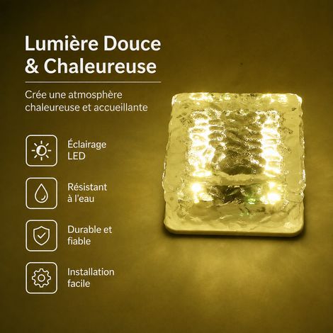 Pavé solaire LED brique de verre grand modèle blanc chaud IP44 blanc chaud réf 0398 10 × 10 × 5,5 cm 360 g – Livraison gratuite
