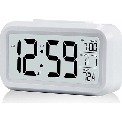 Digital Alarm Clock, Silent Battery Operated Digital Alarm Clock for Children and Adults, Large LED Screen, Temperature Display, Calendar (White) (1/5)