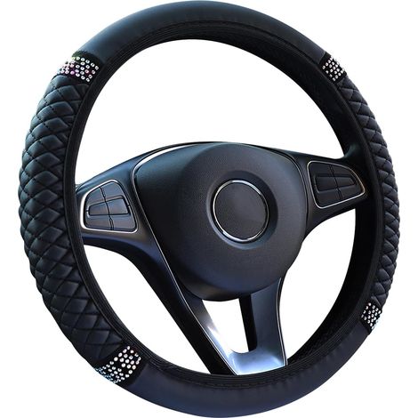 Coprivolante, set da 3, in morbida pelle microfibra lucida, inclusa copertura del freno a mano e copertura della leva del cambio. Traspirante, antiscivolo e taglia universale 37-38 cm, nero. (1/5)