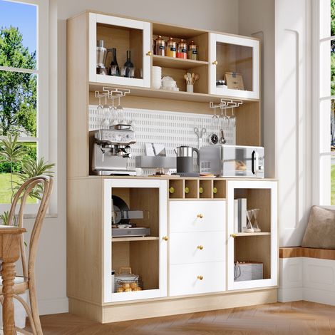 Meuble haut moderne avec éclairage LED intelligent, armoire de cuisine, placard de salon, rangement latéral avec porte-bouteilles et système anti-basculement, étagères intégrées réglables, blanc (1/5)