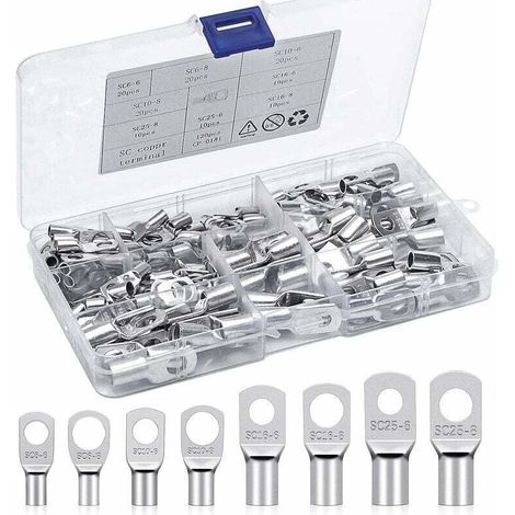 Kit de bornes à sertir, bornes électriques 6 mm², 10 mm², 16 mm², 25 mm², bornes à anneau, bornes en cuivre étamé, connecteurs SC, adaptés aux batteries automobiles et motos (120 pièces). (1/4)