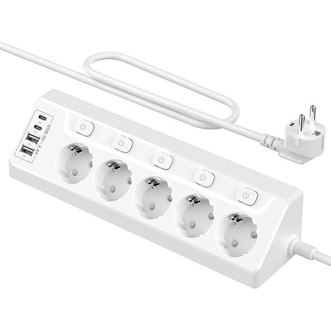 Multiprise avec Interrupteur, 5 Prise Plan de Travail Cuisine, Multiprise Angle 2m avec 2 Ports USB A et 2 Ports USB C, Prise Parafoudre et Surtension pour Meuble Canapé Bureau Table (1/5)