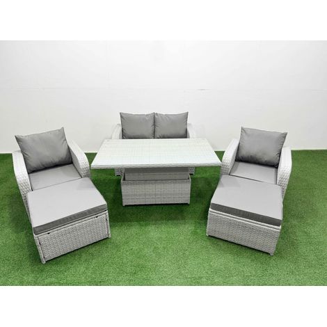Fimous Light Grey PE Wicker Rattan Garden Furniture Set Sofa Set Reclining Chair Adjustable Lifting Dining or Coffee Table 6 Seater 2 Big Stools (1/5)
