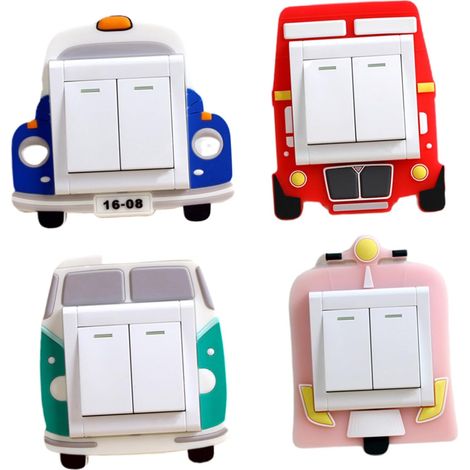 Autocollants Muraux Phosphorescents en Silicone 4 Pièces, Couverture de Prise Décorative sans Colle, Motifs Voiture Bus Moto Camping-car, pour Décoration Chambre Garçon et Filles (1/5)