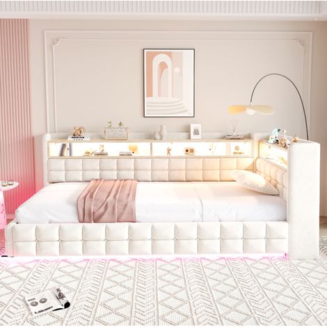 Letto a castello 90/200 cm in velluto beige con spazio contenitore, LED e prese (1/5)