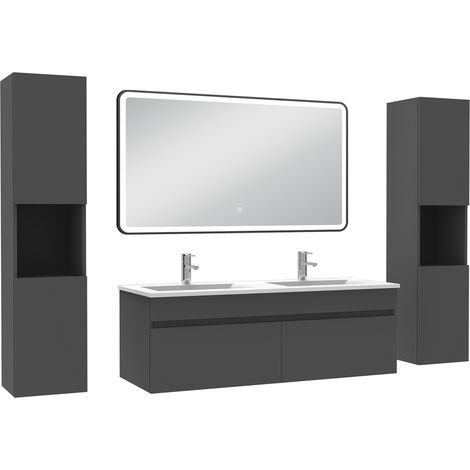 Ocean Meuble double vasque 120cm avec colonne + miroir 3 couleurs + dimmable anthracite