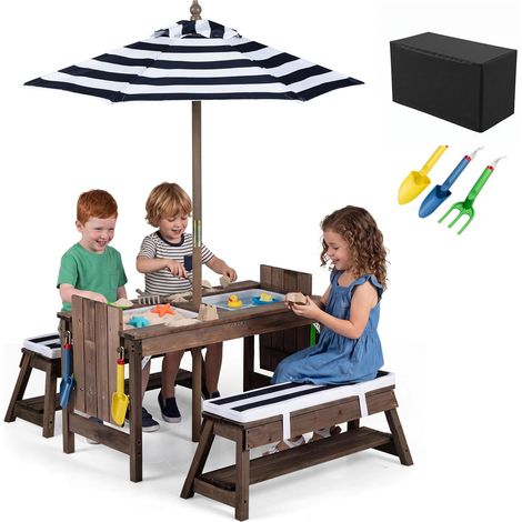 COSTWAY Table de Pique-Nique Enfant en Bois avec Parasol Amovible (Bleu) (1/5)