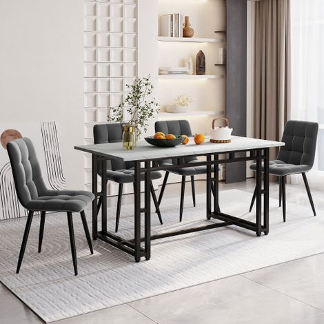 Tavolo da pranzo nero 140x80 cm con set di 4 sedie, set tavolo da pranzo da cucina moderna, sedie da pranzo in velluto grigio scuro, tavolo con gambe in ferro nero (1/5)