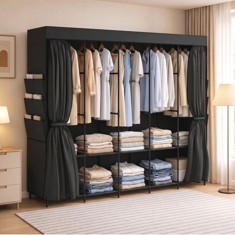 Armoire-penderie en tissu noir 212 x 45 x 167 cm, 5 tringles et 5 étagères, 6 poches latérales, housse zippée anti-poussière, montage sans outil – CHICFURN (1/5)