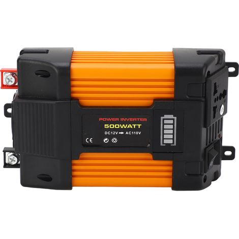 Onduleur 500W 12V vers 110V AC, convertisseur à onde corrigée, afficheur de niveau batterie, 2 ports USB, 1 prise universelle, livré avec chargeur voiture et câble à pinces crocodiles. (1/5)