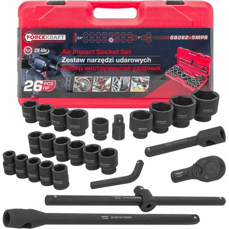 Juego de llaves de impacto FORCEKRAFT de 3/4" y 1" (26 piezas, 6 puntas)