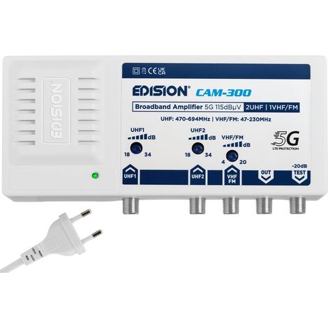 EDISION CAM-300 Amplificatore Antenna TV, Centrale Banda Larga, 2UHF, 1VHF/FM, 18-34db Regolabile, 115dBmV, per Digitale Terrestre DVB-T/T2, con filtro 5G LTE, UHF 470-694Mhz, VHF/FM 47-230MHz (1/5)