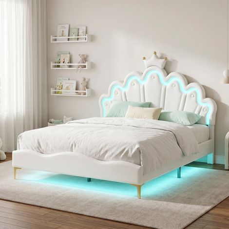 Letto alla francese principessa 140x190 cm - Rete a doghe inclusa - Testiera nuvola e corona con illuminazione LED - Rivestimento in PU bianco - Altezza regolabile