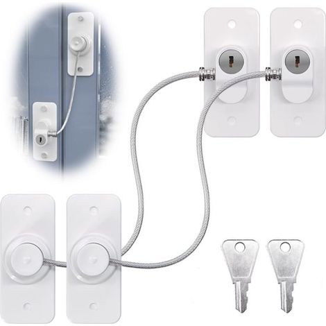 Lot de 2 serrures de fenêtre – Blanches – 2 clés – Câble 205 mm – Sécurité enfant – Sans perçage (1/5)