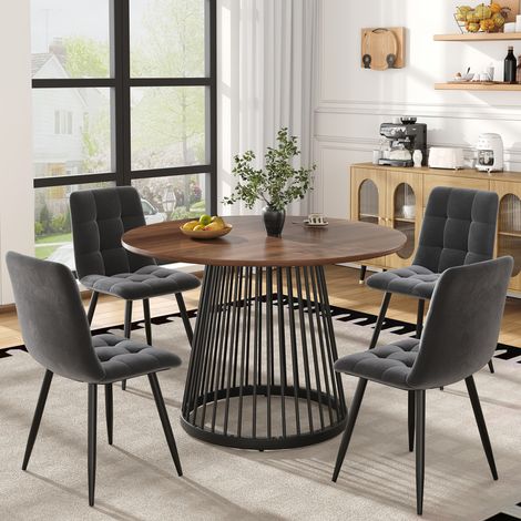 Table à Manger - Ensemble 5 Pièces - Table Ronde 80cm - 4 Chaises Velours Gris - Pieds Métal Noir (1/4)