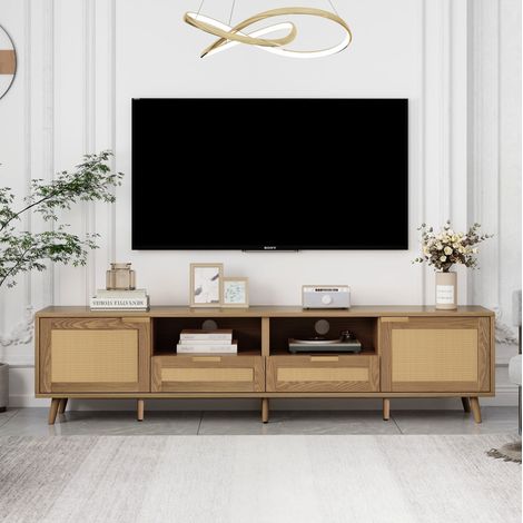 meuble tv 200 cm effet rotin pieds bois chene HAVRYA (1/5)