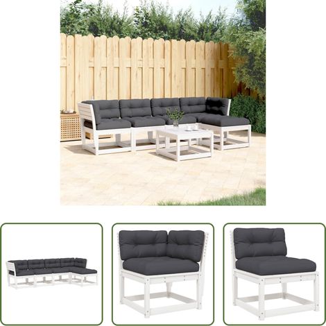 vidaXL Canapé sans accoudoirs - Salon de jardin 5 pcs avec coussins blanc bois massif de pin (1/5)