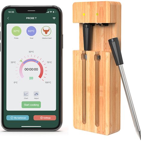Termómetro inteligente carne LIFCAUSAL Bluetooth 30m, 2 sensores pro Control app Resistente agua, recargable USB-C Para barbacoa, horno, parrilla, ahumador (1/5)