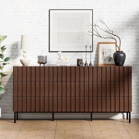 UEV Commode à 9 tiroirs 150cm, Commode Étroite, Grand Espace de Rangement, Armoire avec Plafond Spacieux, pour Salon, Chambre à Coucher, Bureau, Motif Bois, Pieds Métal, 150 x 34 x 72 cm, Marron