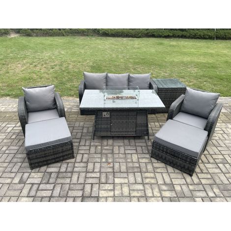 Fimous Polyrattan Gartenmöbel set Gas Feuerstelle Esstisch mit Beistelltisch Sessel 2 hohen Hockern (1/5)