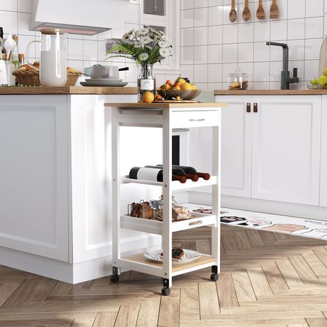 Carrello da cucina con ruote, 2 ripiani + vassoio estraibile + cassetto, in legno di pino bianco, finitura rovere chiaro.