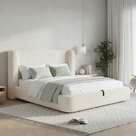 Lit double rembourré avec coffre de rangement, sommier inclus, tête de lit capitonnée, fonction hydraulique, tissu bouclé beige, 180x200 cm (1/5)