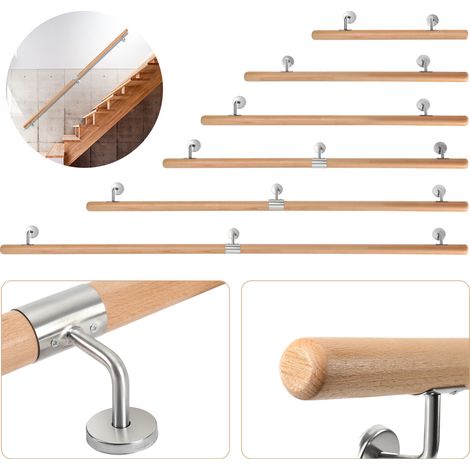 TolleTour Barandilla de pared de haya 200 cm, pasamanos antideslizante Ø4,2 cm con soportes inox, para niños mayores (1/5)