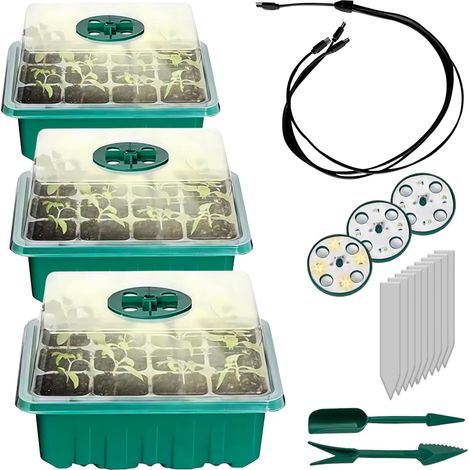 Mini Gewächshaus zur Anzucht mit LED Beleuchtung - 3er Set mit Pflanzwerkzeug und Schildern