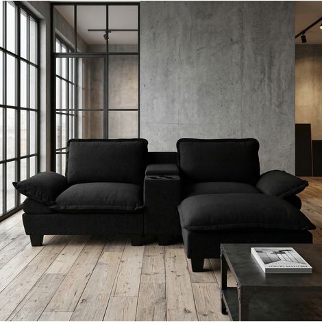 Sofá chaise longue modular negro de chenilla con arcón, portavasos y USB DESVIAE (1/5)