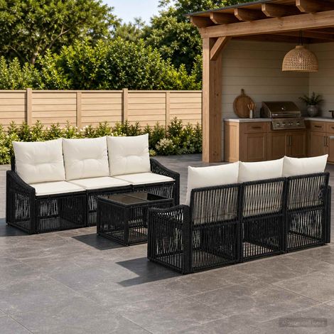 Set divano da giardino modulare in polyrattan con cuscini, nero, set da 7 pz, 58.852kg - PANGIVO (1/5)