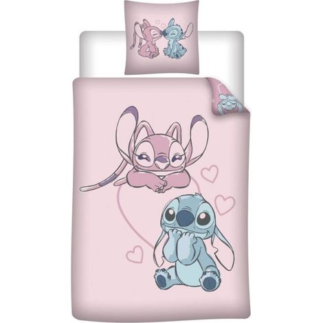 Parure de Lit - Disney Stitch & Angel – Cœurs – Réversible – 140x200 cm + 65x65 cm – Rose (1/4)