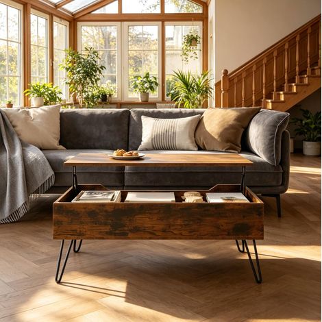 CHICFURN Tavolino sollevabile 95 x 50 cm in legno e metallo marrone rustico con contenitore (1/5)