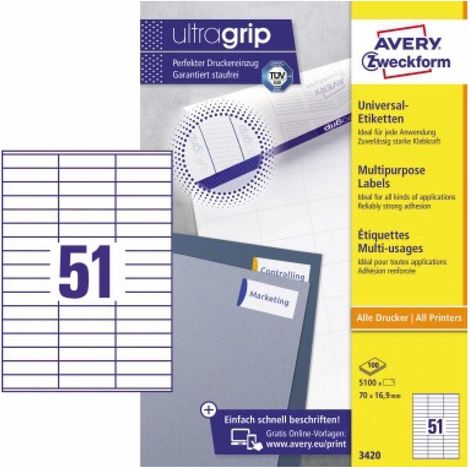 Selbstklebende Etiketten, Beschriftungsetiketten Adressetiketten Aufkleber, hohe Haftkraft, weiß, 70 x 16,9 mm, 5100 Stück pro Packung (1/5)