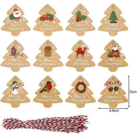 Etiquetas para regalos de Navidad, paquete de 48 unidades con cuerda (12 diseños surtidos para envolver regalos de Navidad y etiquetar tarjetas de identificación). (1/4)