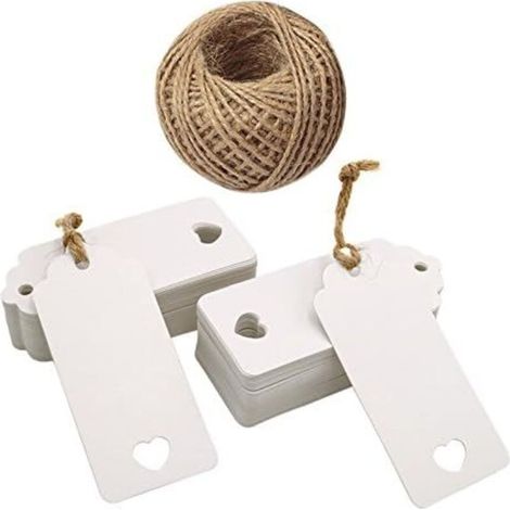 Lot de 100 étiquettes en papier kraft 9,5 x 4,5 cm pour cadeau de mariage/Noël/anniversaire, bagages, avec ficelle de jute 30 m (blanc)-Fei Yu