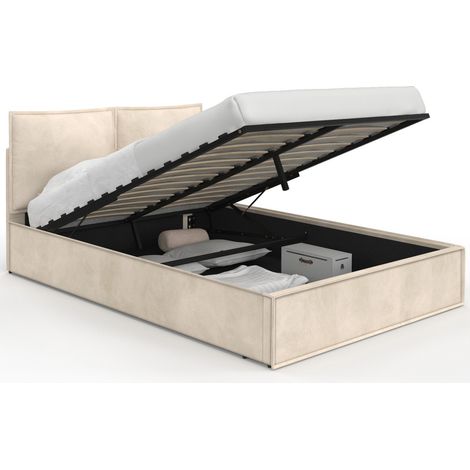 Idmarket – Lit coffre double 140 x 190 cm – Tête de lit matelassée – Sommier relevable 26 lattes – Rangement intégré – Velours beige (1/5)