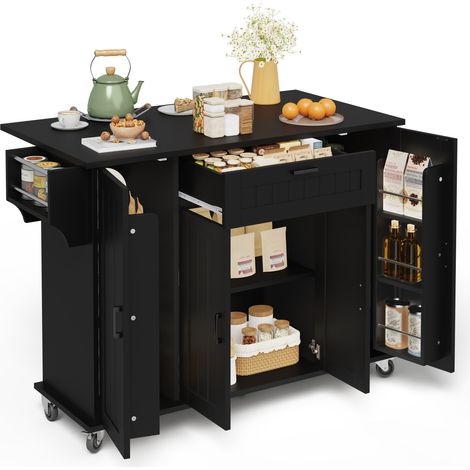 CHICFURN Isla de cocina con encimera abatible 120x45(70)x95 cm MDF negro, con ruedas (1/5)