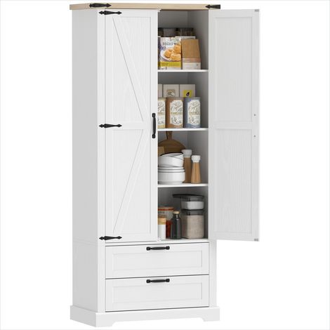 Buffet haut de cuisine blanc et chêne vintage 76x40x180 cm, 2 portes et 2 tiroirs, style rustique (1/5)