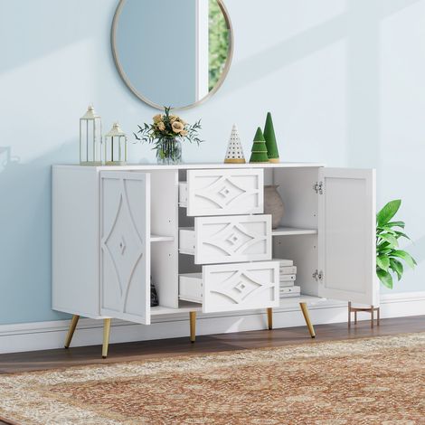REDOM Buffet 120x40x80 cm motif 3D losange élégant panneau de particules pieds dorés blanc (1/5)