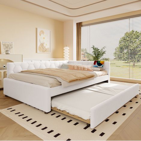 Lit gigogne velours blanc et MDF 140x200 cm avec sommier, USB, port Type-C et lampe de chevet (1/5)