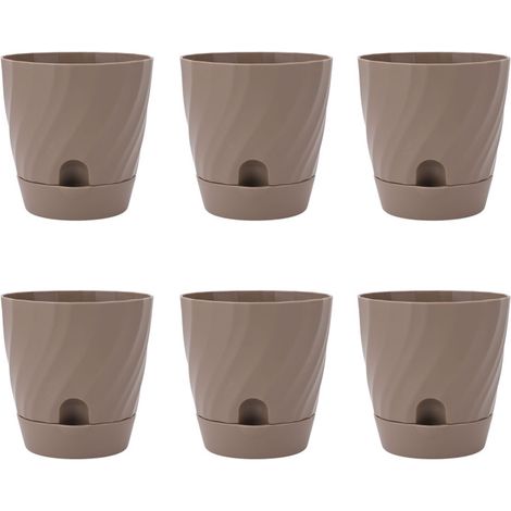 Set mit 6 leichten Kunststoff-Blumentöpfen für Garten, Balkon oder Terrasse, braune Farbe.