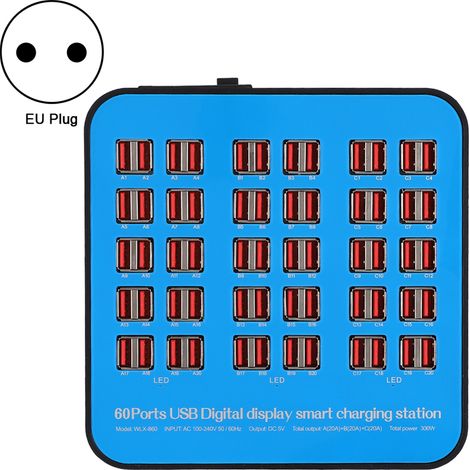 Station de charge intelligente USB 60 ports PC ABS ignifuge 300W 100-240V prise UE (1/5)