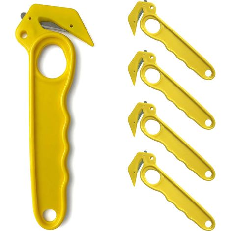 4 Pack Cutter Couteau Crochet, Couteau de Sécurité Jaune, Cutter de Décartonage pour Carton, Film Bulle, Plastique et Emballage, Outil de Découpe Professionnel pour Entrepôt et Stock (1/5)