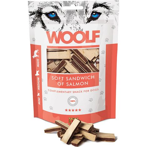 Friandises pour chiens Woolf en forme de sandwich au saumon, format mini, moyen et maxi, 100 g