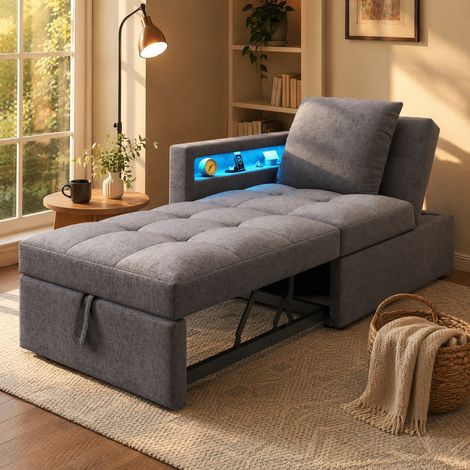 Divano letto 3 in 1 177x68x65 cm grigio scuro, schienale 5 posizioni, lino, MEUBLIV (1/5)